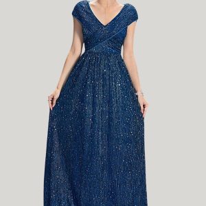Sparkly A-Line V-Neck Grey Blue Maxi Dress