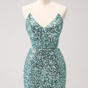 Sparkly Blue Tight Lace-Up Back Mini Dress with Slit