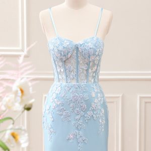 Sparkly Blue Embroidered Sequins Halter Corset Satin Tight Mini Dress