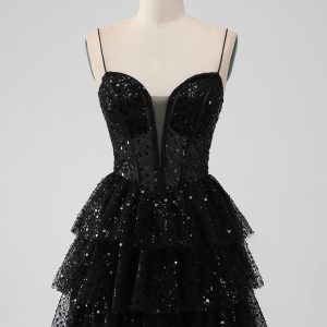 Sparkly Black Spaghetti Straps Tiered Mini Dress with Sequins