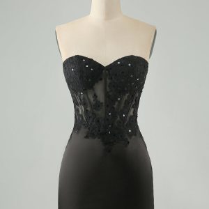 Sparkly Black Bodycon Sweetheart Corset Mini Dress with Appliques
