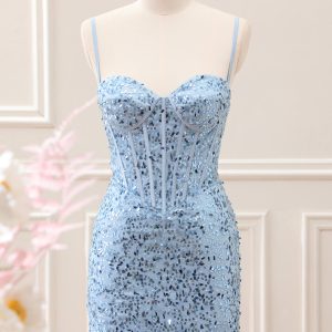 Sparkly Blue Tight Sequins Spaghetti Straps Mini Dress