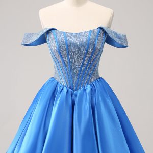 Sparkly Blue A-Line Off the Shoulder Beaded Satin Mini Dress