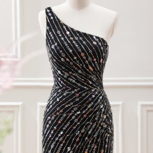 Sparkly Black Bodycon One Shoulder Lace Up Back Mini Dress with Sequins