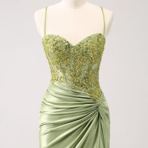 Sparkly Army Green Lace-Up Back Appliques Pleated Mini Dress