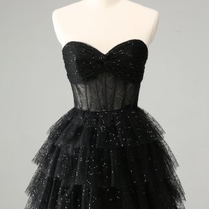 Sparkly A Line Black Sweetheart Tiered Corset Cute Mini Dress