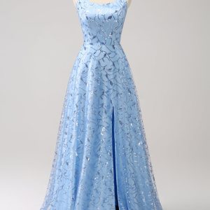 Sparkly Blue Spaghetti Straps Sequins Lace Up Back Maxi Dress with Slit