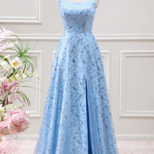 Sparkly Blue A Line Lace-up Back Maxi Dress with Slit