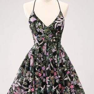 Sparkly Black A Line Floral Mini Dress with Sequins