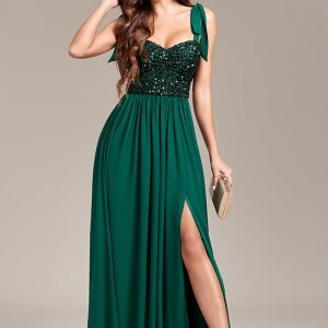 Sparkly Beading Green A Line Spaghetti Straps Maxi Dress with Slit