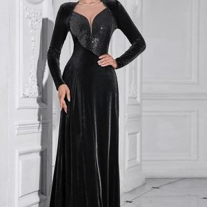 Sparkly A Line Velvet Maxi Dress with Long Sleeves