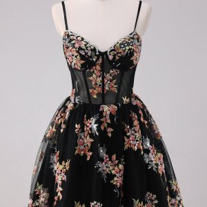 Sparkly Black A-Line Floral Mini Dress