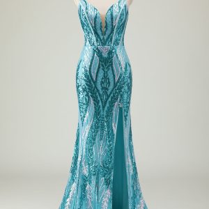 Sparkly Blue Hollow Out Mermaid Prom Dress with Slit