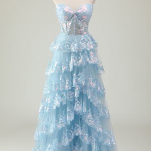 Sparkly Blue Tiered Sequined Strapless Corset Prom Dress