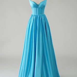 Sparkly Blue A-Line Strapless Sequin Corset Long Prom Dress