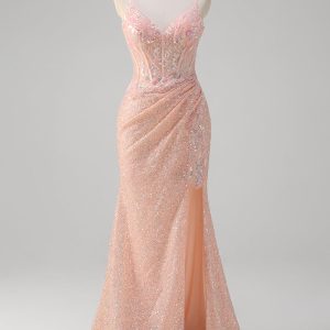 Sparkly Blush Mermaid Corset Sequined Prom Dress with Slit