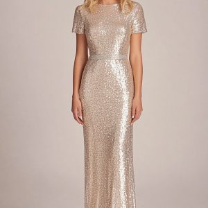 Sparkly Apricot Sheath Sequins Short Sleeves Long Mother of the Bride Dress