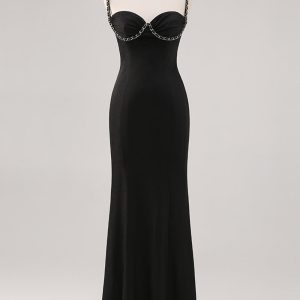 Spaghetti Straps Sheath Long Black Tie Dress