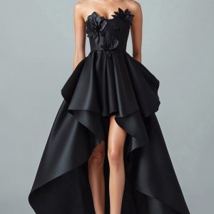 Sparkly Black Hi-Low A-Line Strapless 3D Flowers Ruffle Satin Formal Dress