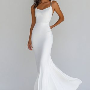 Spaghetti Straps Chiffon White Mermaid Long Engagement Dress