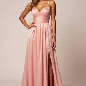 Satin A Line Blush Pink Prom Dress With Slit