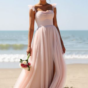 Spaghetti Straps A Line Candy Pink Bridesmaid Dress with Slit