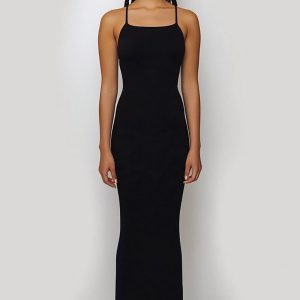Spaghetti Straps Bodycon Long Black Tie Dress