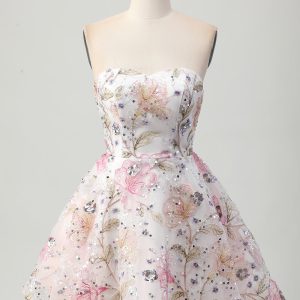 Floral A-Line Strapless Pink Homecoming Dress with Sequins