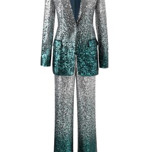 Sparkly 2-Piece Silver and Peacock Peak Lapel Women Prom Suits