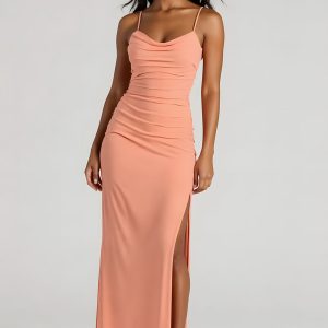 Spaghetti Straps Sheath Sunset Bridesmaid Dress With Slit