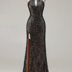 Sparkly Black Halter Mermaid Prom Dress With Slit