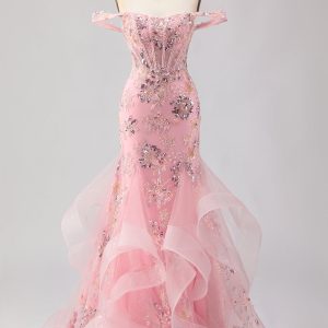 Sparkly Blush Mermaid Off The Shoulder Corset Prom Dress