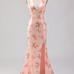 Sparkly Blush Floral Halter Mermaid Cut Out Prom Dress