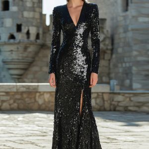Sparkly Black Mermaid Long Sleeve Maxi Evening Dress With Slit