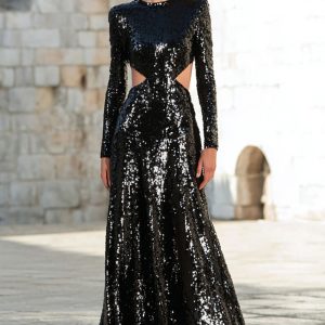 Sparkly Black A-Line Cut Out Long Sleeve Maxi Evening Dress