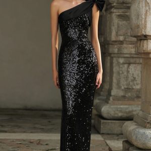Sparkly Black One Shoulder Sheath Maxi Evening Dress With Bow