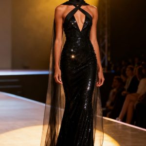 Sparkly Black Mermaid Halter Maxi Pageant Dress with Sash