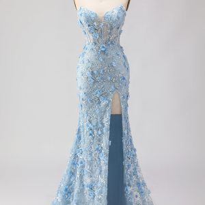 Sparkly Blue Sweetheart Mermaid Appliqued Prom Dress