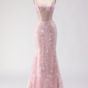 Sparkly Blush Mermaid Corset Prom Dress