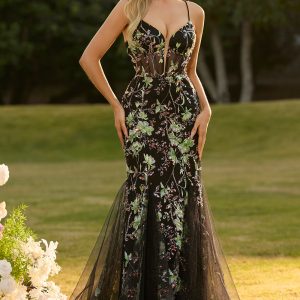 Sparkly Black Floral Mermaid Corset Maxi Prom Dress
