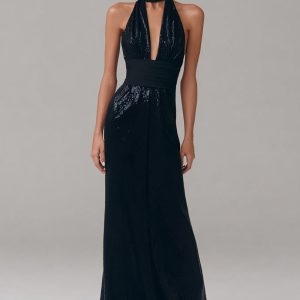 Sparkly Black Halter Long Formal Dress