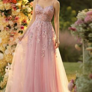 Sparkly Blush A Line Spaghetti Straps Maxi Prom Dress