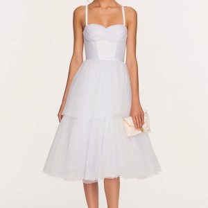 Spaghetti Straps A Line Corset Midi White Dress