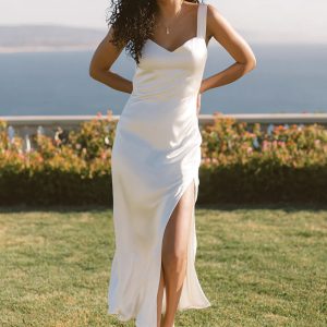 Spaghetti Straps Satin Midi White Dress with Slit