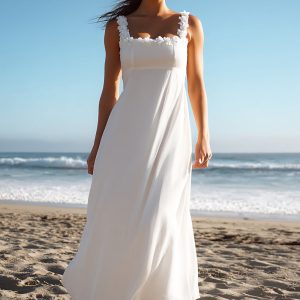 Spaghetti Straps A Line Maxi White Dress with Appliques