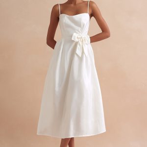 Spaghetti Straps A Line Satin Midi White Dress with Bow