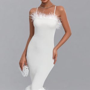 Spaghetti Straps Midi White Dress with Feathers