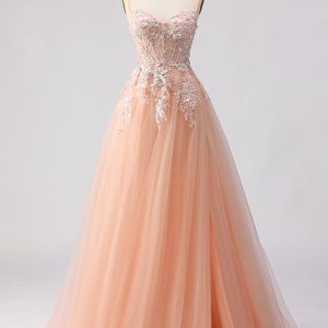 Spaghetti Straps Champagne A Line Appliqued Prom Dress