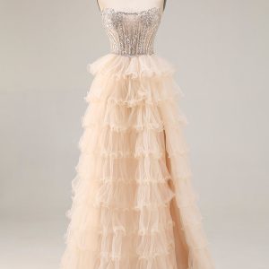 Sparkly Apricot Corset Tiered Ruffled Strapless Prom Dress