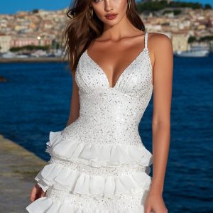Sparkly Beaded Mini White Graduation Dress with Ruffles